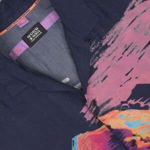 Scotch & Soda Shirt Mens Medium Navy Scenic Road Trip Viscose Graphic Abrstract